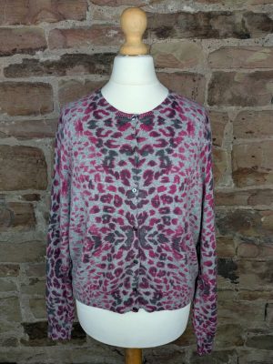 Marks & Spencer Grey w/ Purple Leopard Print Crew Neck Cashmere Cardigan